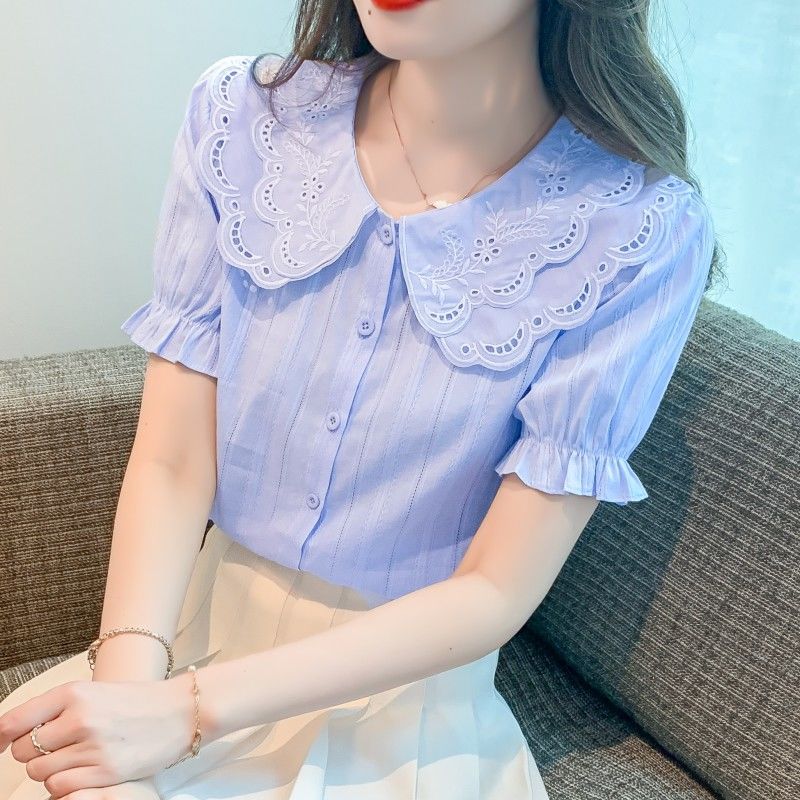 2026 Summer New Women's Shirt, Fashionable and Youthful, Pure Cotton Shirt, Chic All-Cotton Peter Pan Collar Top, Short Sleeve