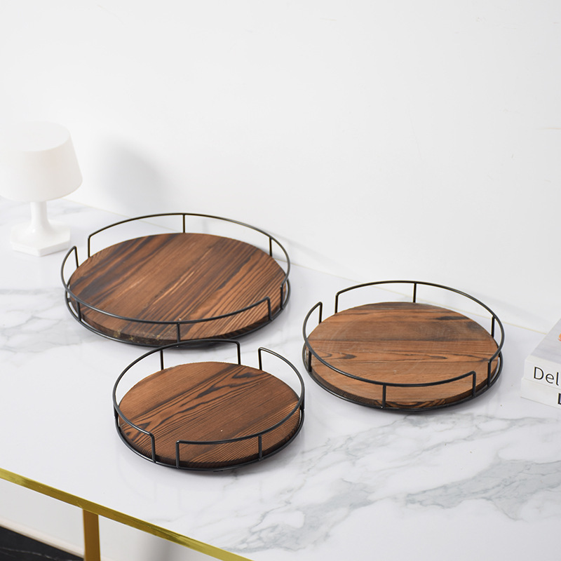 Solid Wood Round Fruit Plate Rotatable Iron Kitchen Spice Rack Desktop Storage Tray Bathroom Cosmetics Base