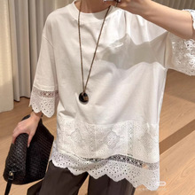 现货 2025棉布绣花拼接短袖T恤女韩版圆领宽松蕾丝镂空钩花上衣