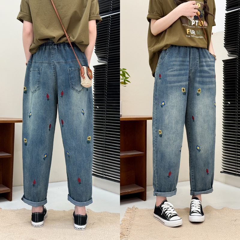 文学レトロ花刺繍ストレッチジーンズ女性の春夏の新しいルーズプラスサイズスリム多用途ハーレムパンツ|undefined