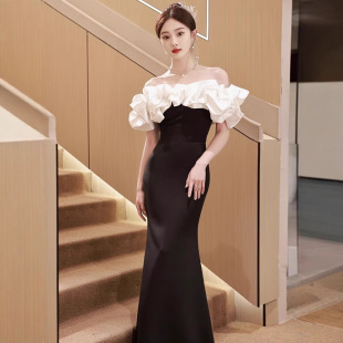 Black New Style off-shoulder Evening Dress Fishtail Tight Waist Slimming Dress Long Design Feeling Banquet High-end Dress
