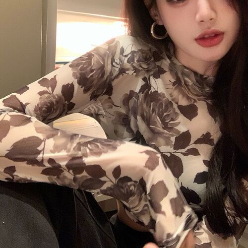 Spring and Summer New Retro Unique Fashion Small Floral Versatile Slimming Waist-Tightening Long-Sleeve T-Shirt for Women