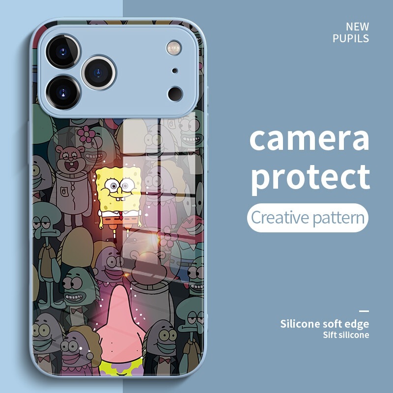 Luminous Spongebob Glass Case Suitable for Apple 17Promax Mobile Phone Case 16Pro Cartoon 15Promax/13