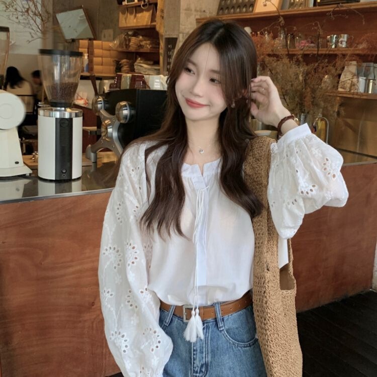 French-Style Long-Sleeve White Lace-Up Tassel Shirt 2026 Design Spring New Hollow Lace Embroidered Blouse French-Style Long-Sleeve White Lace-Up Tassel Shirt 2026 Design Spring New Hollow Lace Embroidered Blouse