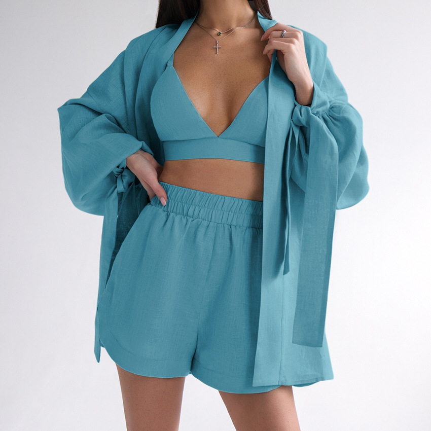 413g Weight Long Sleeve Sleeve Length Pajamas Lingerie Type Cotton Fabric Type Short Top Length Shorts Sets Sets Type 3 Pieces Set Quantity Home, Outdoor Occasion Halter Neck Neckline Breathable Function Regular Fit Fit Type Solid Color Pattern Summer, Spring Season Women's Gender Simple Style Style Home Outdoor Women's Simple Style Solid Color Cotton Shorts Sets Pajama Sets 22