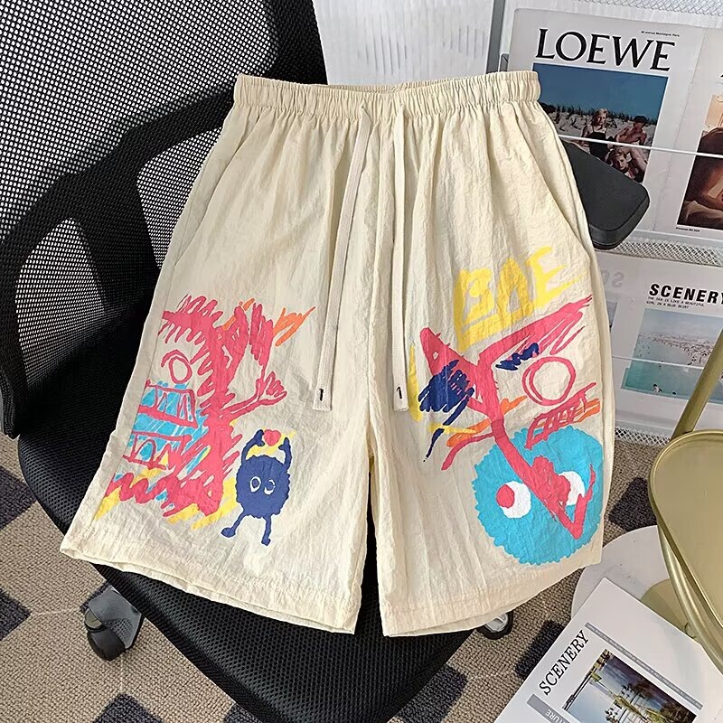 Foam Graffiti Sports Shorts for Men, Summer American-Style Loose Fit, Large Size Basketball Shorts, Trendy Casual Shorts Foam Graffiti Sports Shorts for Men, Summer American-Style Loose Fit, Large Size Basketball Shorts, Trendy Casual Shorts