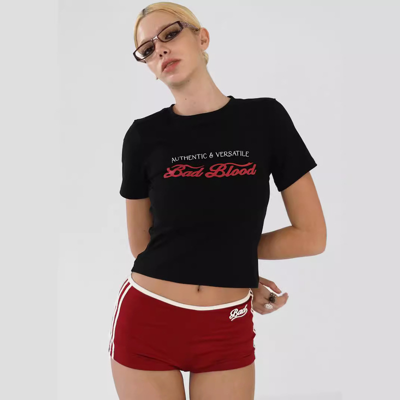 Badblood Crewneck Short-sleeved T-shirt Women's American-style Retro Colorblock Ins Letter Printed Half-sleeved Top Slim-fit T-shirt