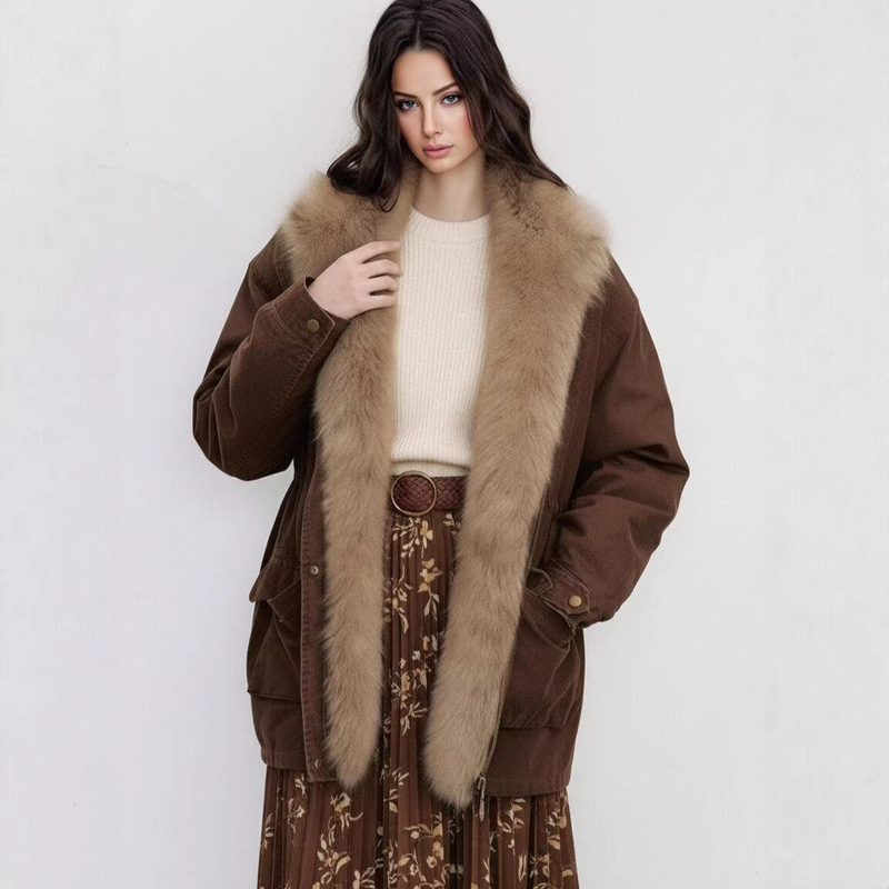 Jiarong Fox Fur Collar White Goose down Vintage Workwear Parka down Jacket Fur Coat Polar Traveler
