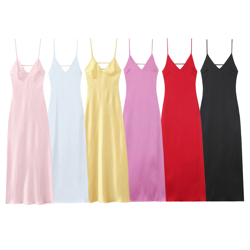 Cross-Border Export 2025 Summer New Sexy Slim Backless Silk Satin Midi Dress Women's Suspender Long Skirt