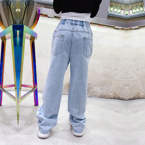 Cross-border girls' big hole jeans  spring and autumn new style Hong Kong style big children's beggar pants straight leg dad pants