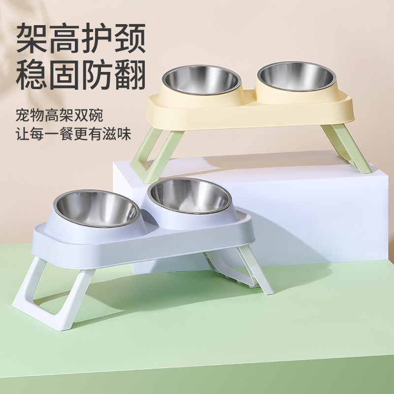 Personalizada mascota de acero inoxidable doble cuenco gato cuello de protección de doble cuenco anti-derrapante anti-derramamiento cuenco de mascota gato cuenco de perro