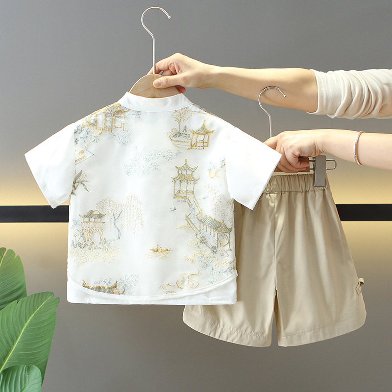 7863 traje de Hanfu de verano para niños 2025 ropa de verano de dos piezas de manga corta de estilo chino nuevo para niños