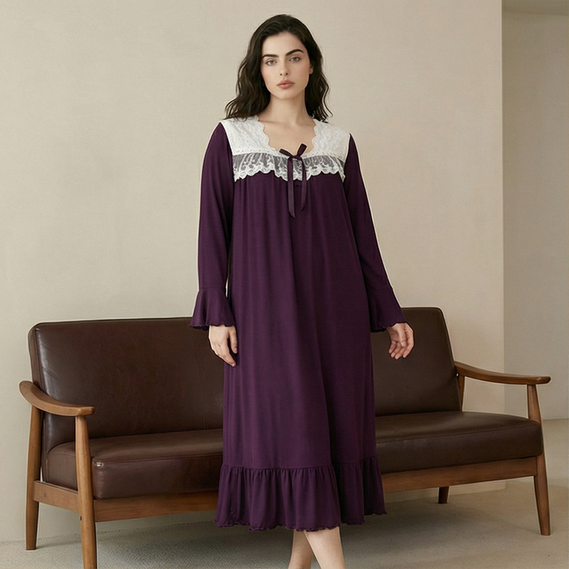 Cross-Border Spring and Autumn Long Nightgown with Lace Splicing, Bowknot, Flared Sleeves, Ruffled Hem, Elegant Retro Loungewear Cross-Border Spring and Autumn Long Nightgown with Lace Splicing, Bowknot, Flared Sleeves, Ruffled Hem, Elegant Retro Loungewear