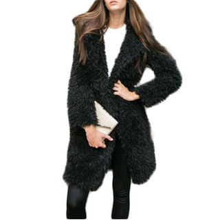 goods in stock Europe and America Lamb wool Long sleeve coat Lapel Hairy Mid length version overcoat 8061 black