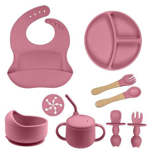 Cross-border best-selling children's food supplement silicone dinner plate bowl fork spoon bib 9-piece tableware set anti-fall dinner plate set