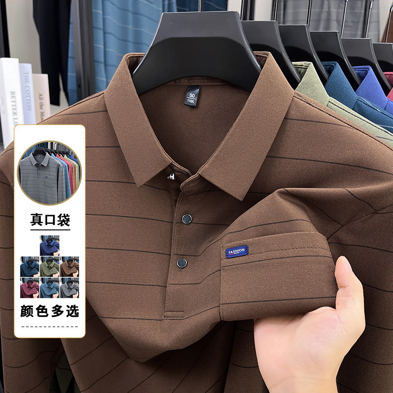 Real pocket polo shirt for middle-aged and elderly men, 2026 autumn new striped turn-down collar comfortable long-sleeve t-shirt for men