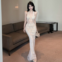 18YXC2194欧美2025跨境外贸高级感性感蕾丝露背显瘦礼服连衣裙女