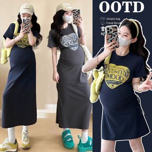 Summer Maternity Dress Korean Style Fashionable dress Slimming Stretch Knitted Printed Mid-Length Hot Mom Drawstring Short-Sleeved T-Shirt Dress