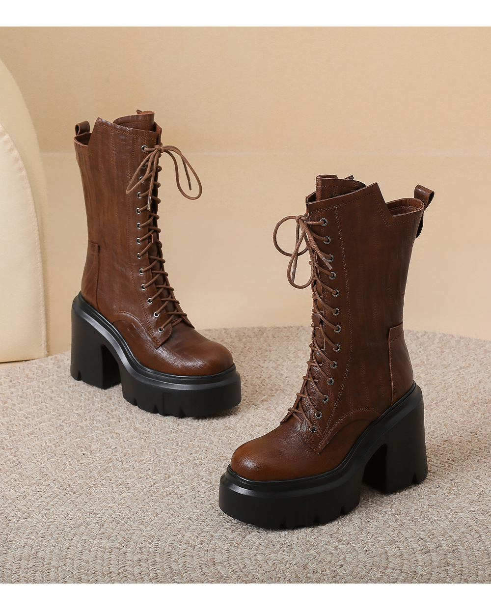Boot Martin nữ buộc dây phong cách Anh, gót 12 cm — Lớp lót nhung đen chi tiết 13