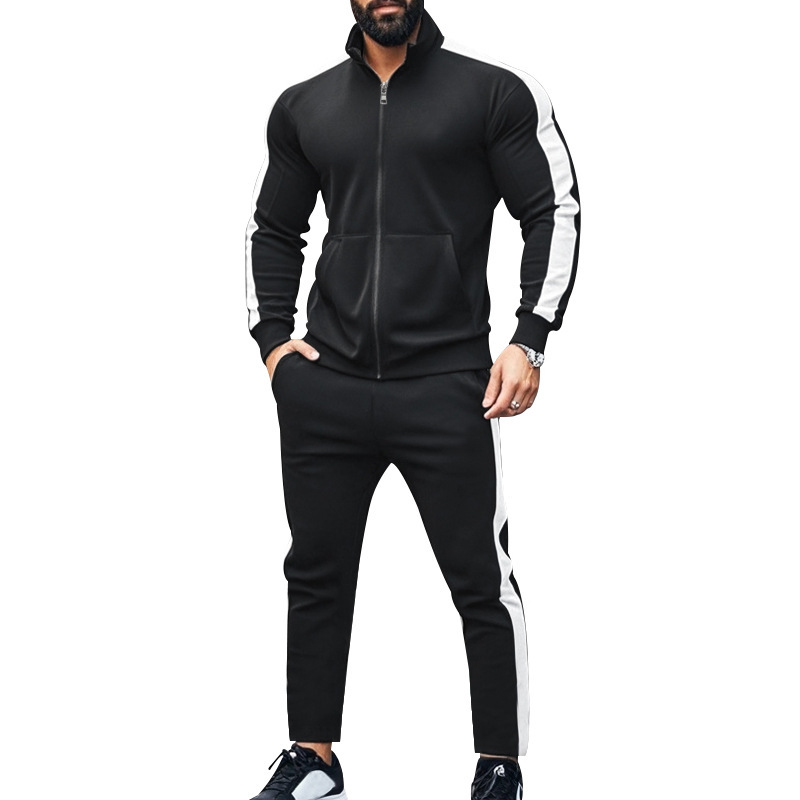 Traje de dos piezas de otoño e invierno de manga larga para hombre transfronterizo de Amazon, chaqueta deportiva casual con cuello alto en contraste, suéter, traje de hombre