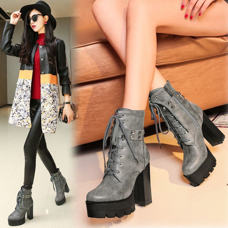 British Style Rivet Belt Buckle Lace-Up Chunky Heel Platform Waterproof Martin Boots New Foreign Trade Large Size Versatile Women's Boots British Style Rivet Belt Buckle Lace-Up Chunky Heel Platform Waterproof Martin Boots New Foreign Trade Large Size Versatile Women's Boots
