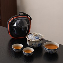 复古青花火石红手抓壶旅行茶具套装一壶两杯快客杯户外便携泡茶壶