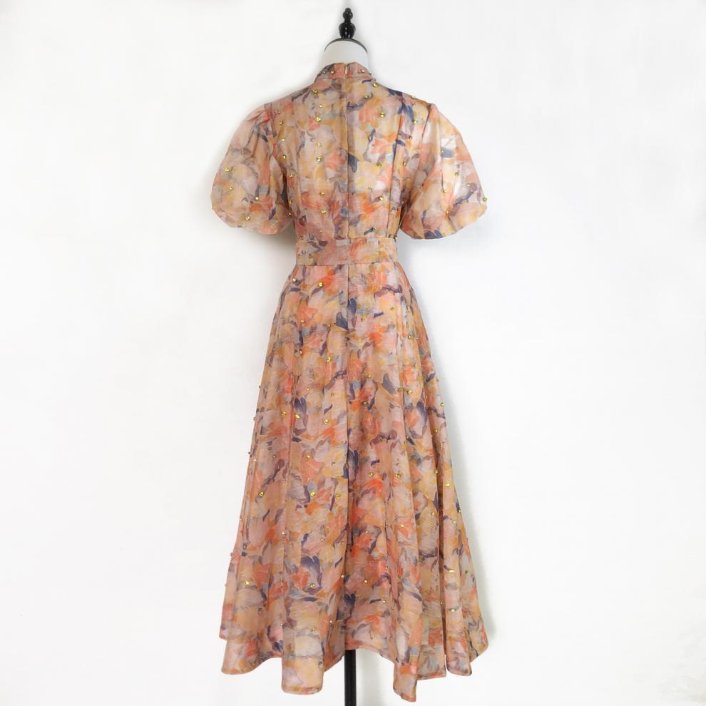 Đầm maxi nữ thắt eo cổ đứng tay lồng đèn đính đá phong cách Pháp — Màu trơn xanh lam, Màu trơn trắng, Hoa xanh da trời, Hoa hồng đậm chi tiết 54