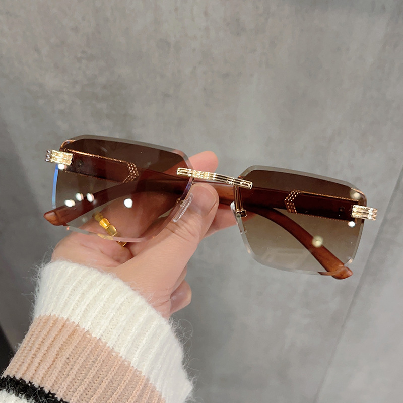 Arrow Wood Grain Rimless Edge Sunglasses Women's ins Vintage Distinctive Irregular Sunglasses Square Fashionable Glasses