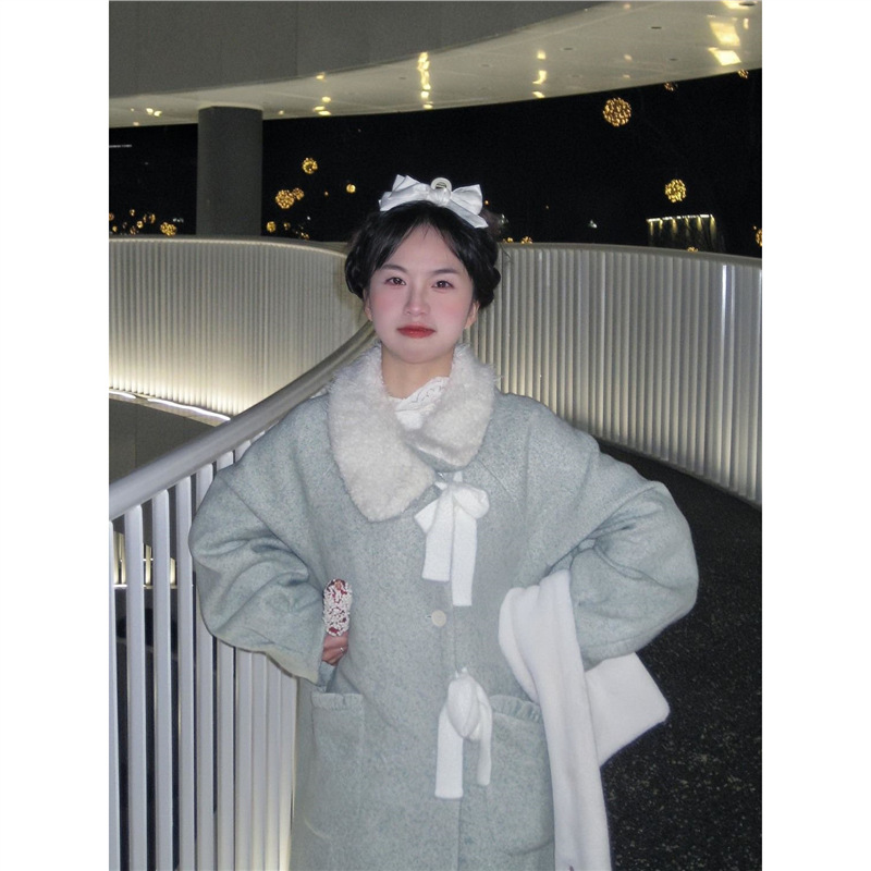 绿色蝴蝶结毛呢外套女秋冬甜美加厚小个子中长款甜美淑女呢子大衣