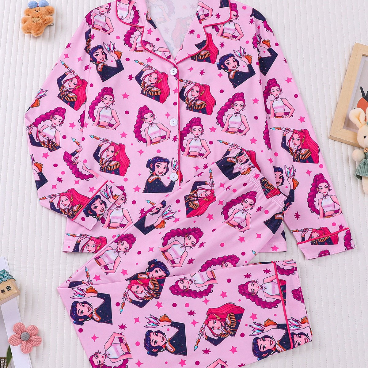 Cross-Border Cartoon Print Korean Style Pajamas Set Loose Long-Sleeved Long Pants Children's Casual Home Wear Set Customization