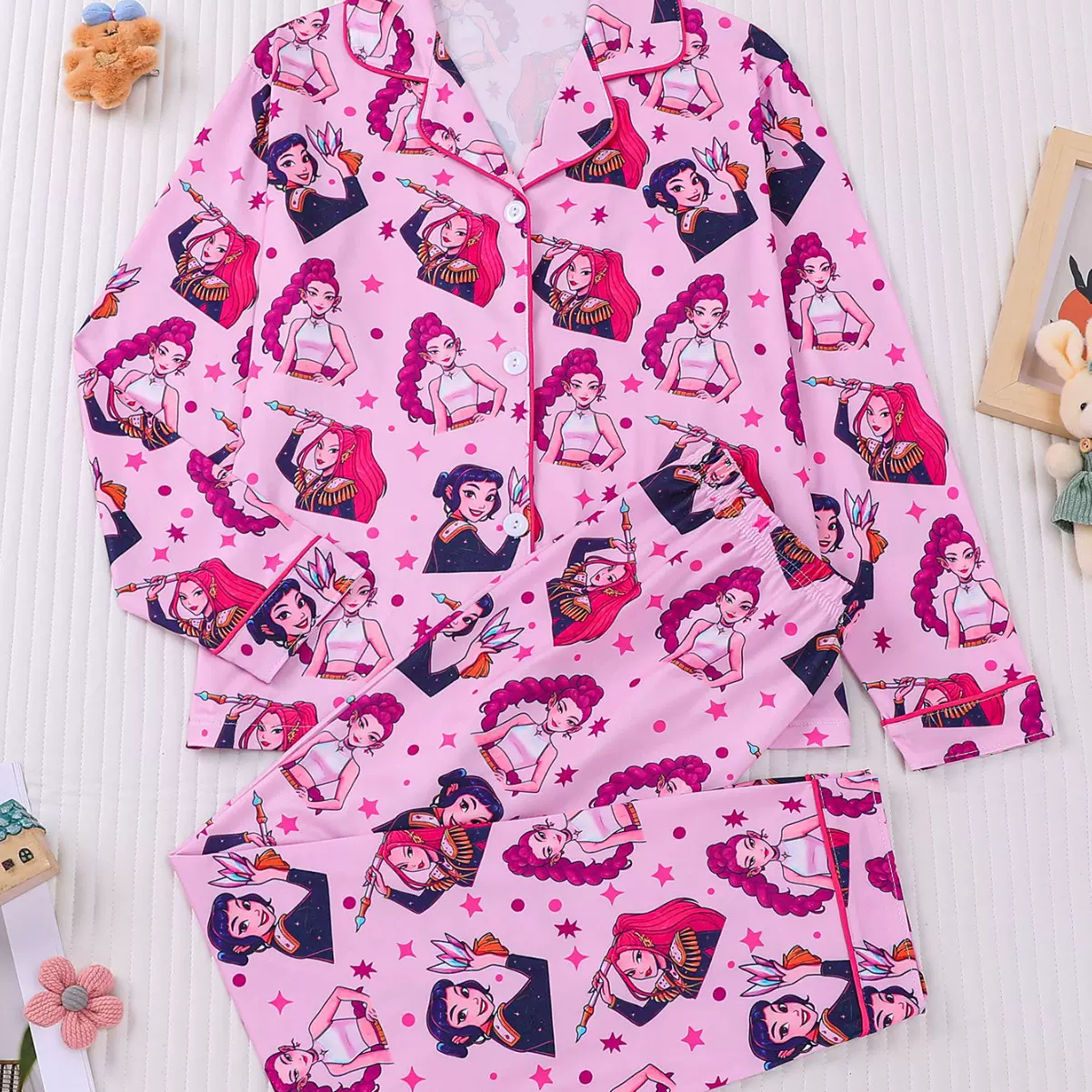 跨境卡通印花韩版睡衣套装宽松长袖长裤儿童休闲居家服套装批发