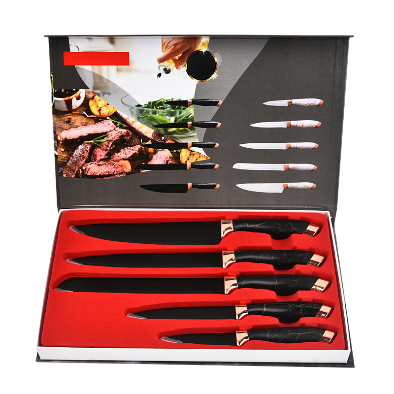 Fábrica al por mayor de acero inoxidable patrón de mármol cabezal de galvanoplastia doble juego de cuchillos de cinco piezas caja de regalo de cocina para el hogar