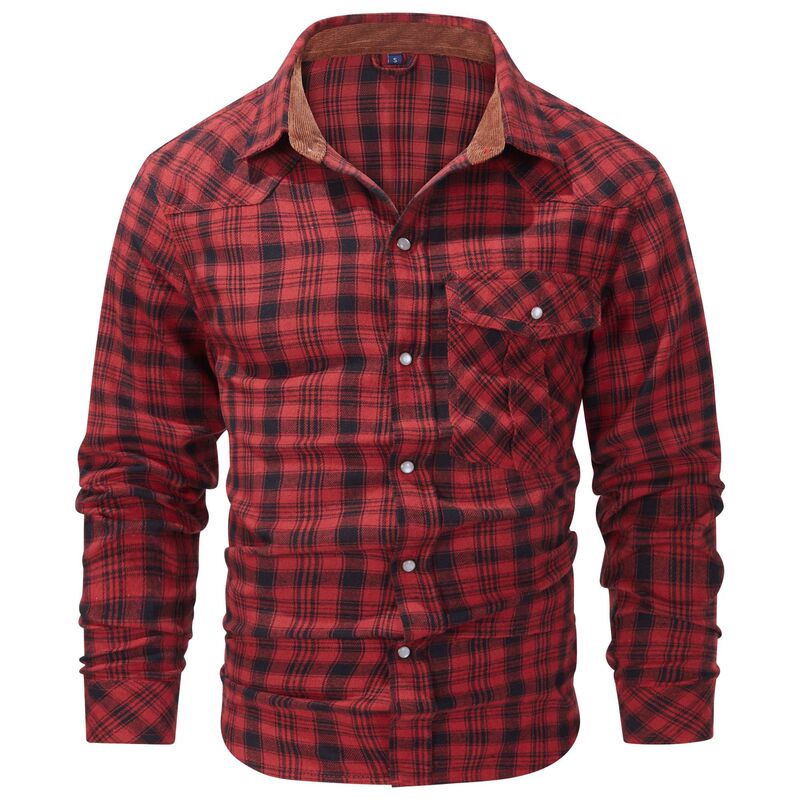 American size men's plus size plaid flannel shirt European and American retro foreign trade pearl buckle Western style long sleeve shirt