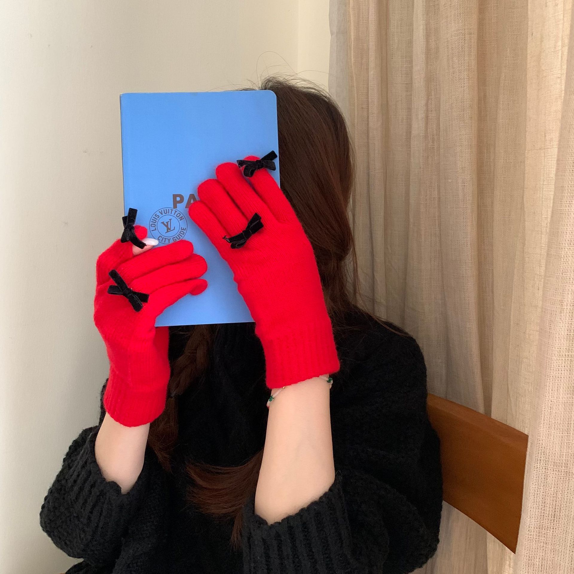 Chao lindo ~ Nuevo chic Otoño e Invierno lana de punto arco pantalla táctil a prueba de frío guantes de fuga de dedo caliente