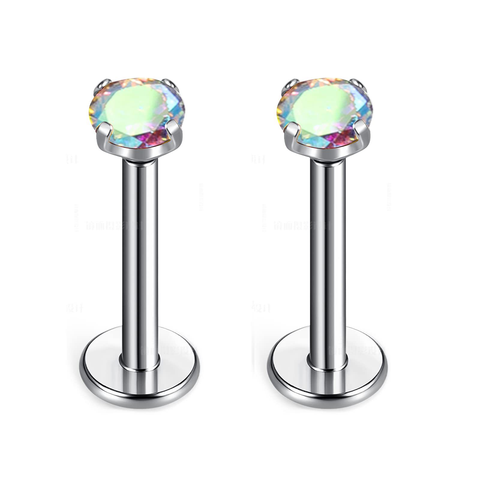 G23 Titanium Four-Prong Set Colorful 5A Round Zircon Internal Thread Earrings Flat Back Labret Stud Ear Bone Nail F136 Titanium Alloy Lip Nail Jewelry detail image 9