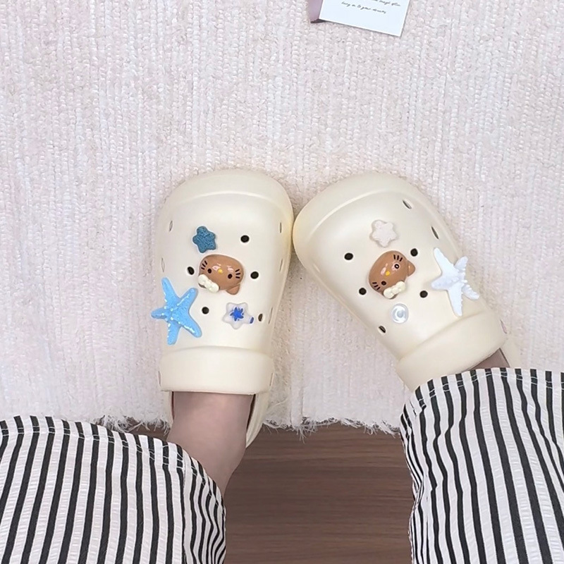 Cute Cartoon Cat Hole Shoes for Girls, Blue and White Starfish Design, Thick-Soled, Height-Increasing, Comfortable Beach Casual Sandals