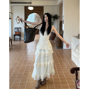 T5C Lace Strap Suspender Hand-Knitted Cut Out Vest Blouse High-Waisted Lace Cake Skirt for Inner Wear and Outer Wear