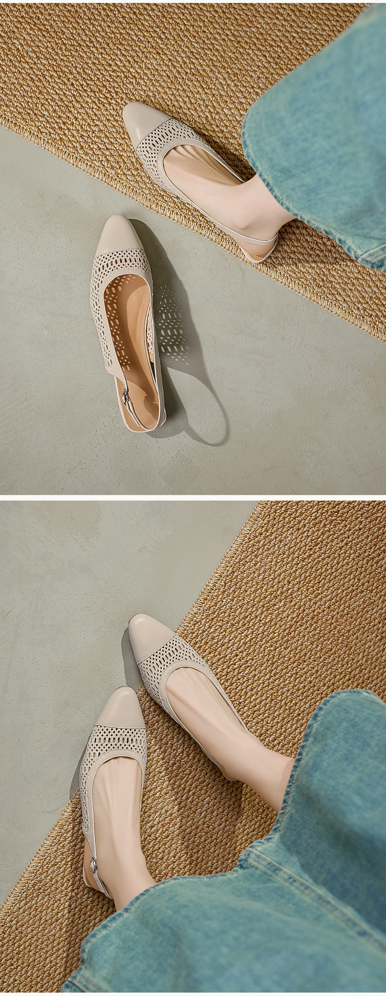 Sandal nữ phong cách vintage mũi kín hở gót đế bệt — Màu caramel chi tiết 7