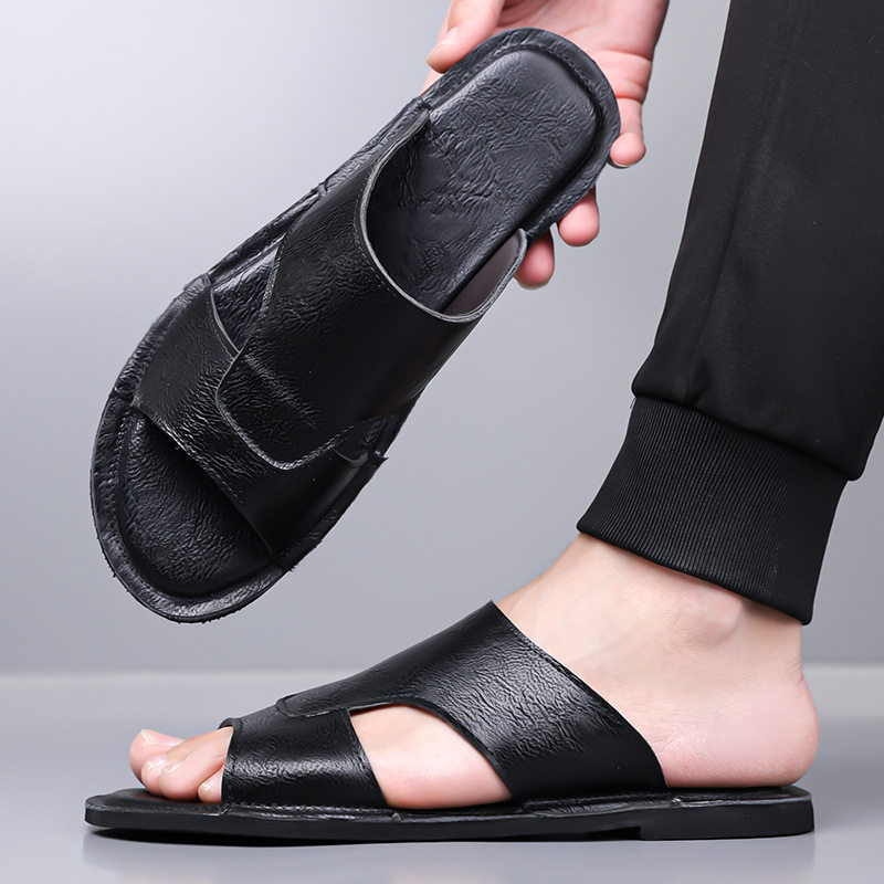 Dép sandal nam quai ngang hở mũi kiểu retro, đế cao su êm chân, cỡ lớn — nâu, đen