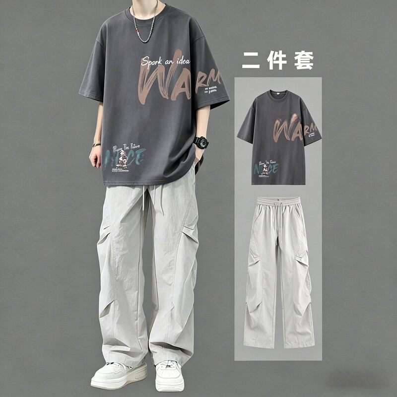 Junior High School and High School Student Short-Sleeved T-Shirt Men's Suit Summer Youth Stylish Trendy Men's Clothing Set with Long Pants Junior High School and High School Student Short-Sleeved T-Shirt Men's Suit Summer Youth Stylish Trendy Men's Clothing Set with Long Pants