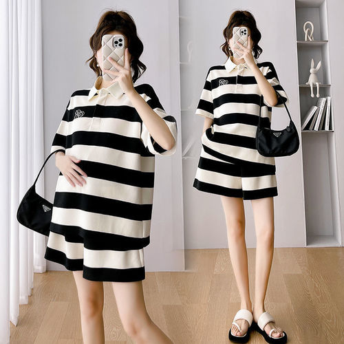 Summer short-sleeved maternity two-piece loose Korean style trendy mom striped belly cover top pregnancy summer suit for pregnant women