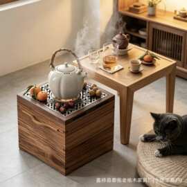 老榆木围炉煮茶桌家用组合餐桌泡茶台复古中式烧烤桌实木碳炉茶桌