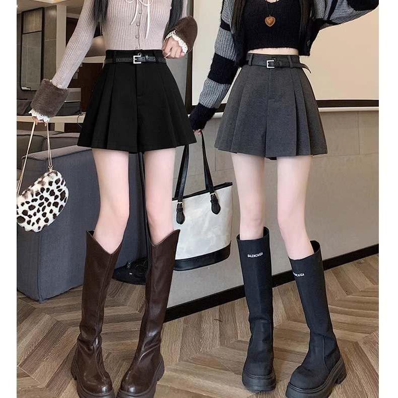 Woolen Skirt Shorts Autumn and Winter Women's Outer Wear 2025 New A-Line Pleated Short Culottes High Waist Brown Culottes