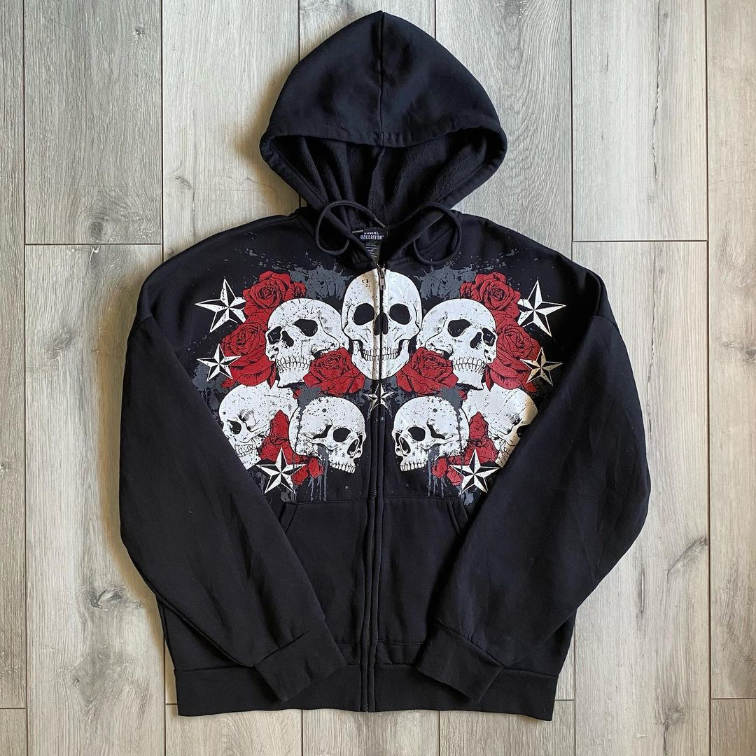 Y2K Gothic Streetwear Hoodie mit 3D-Skelett-Print – Unisex Oversized Zip-Up Jacke für Damen und Herren_voghion.com