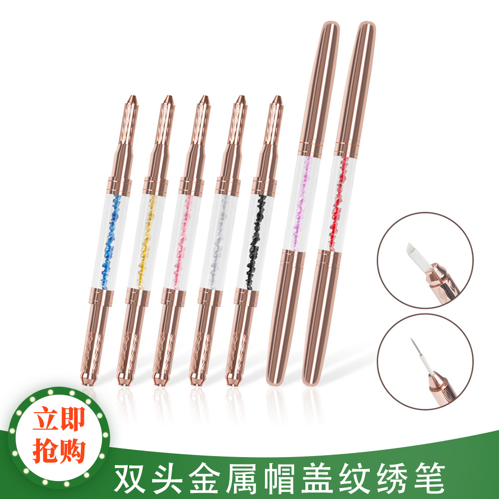 Rose Gold Double-Head Crystal Embroidery Pen with Lid Fine Line Eyebrow Multi-Functional Embroidery Handmade Pen