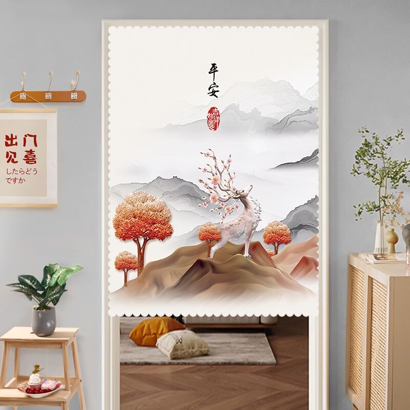 Home-use no-punch Chinese-style adhesive short curtain for corridor, bedroom, bathroom privacy partition, kitchen half curtain