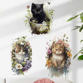 花朵猫咪儿童房装饰贴画宠物店墙面装饰贴纸猫咖美化贴 奶糖猫咪