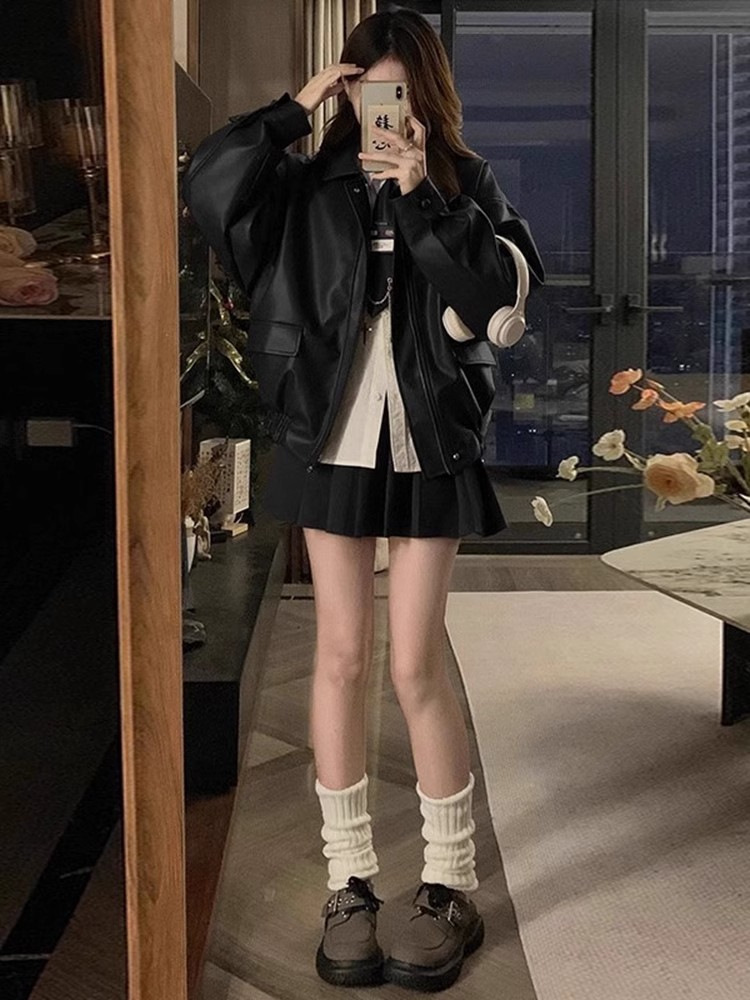 小香風皮衣短コート2024年女性新秋冬アメリカ小柄革ジャケット春秋上着