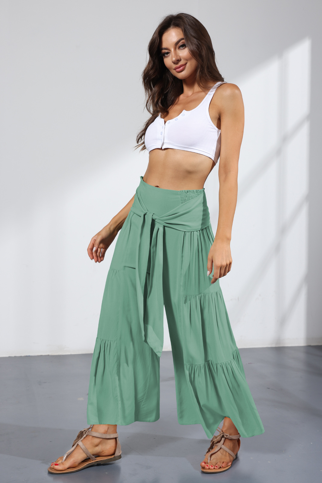 loose wide-leg high waist lace-up solid color trousers NSMDF131124