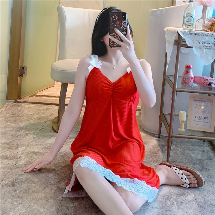 Liga de verano camisón malla las mujeres pijamas rojos con almohadilla en el pecho encaje sexy lindo estudiante homewear delgada